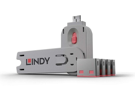 Lindy 40450 USB-A Port Schloss SET, PINK, 1x Schl&uuml;ssel/4x Schloss