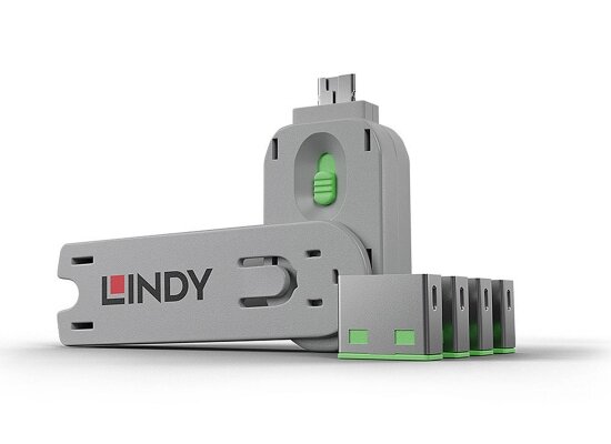 Lindy 40451 USB-A Port Schloss SET, GRÜN, 1x Schlüssel/4x Schloss